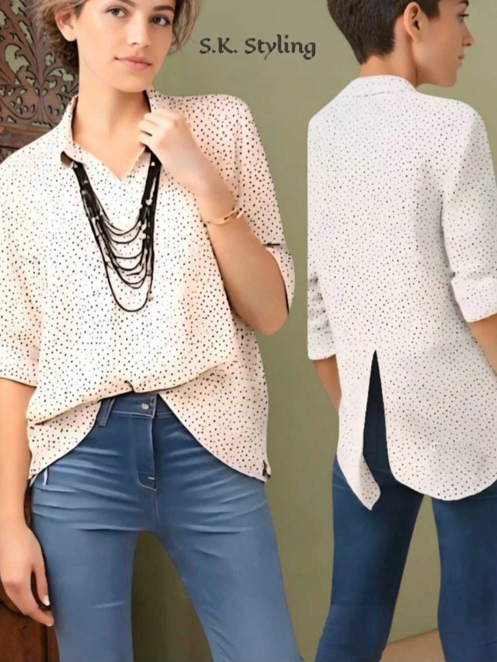 BeachLunchLounge Button Up Roll Tab Sleeve Split Back Shirt Polka Dot L/XL